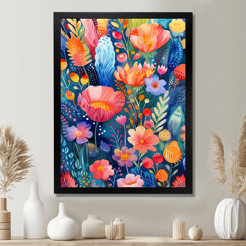 Décoration murale fleurs roses et bleues sous l'eau IV - Fleurs sauvages, Cadre simple noir, H 34 po x l 44 po