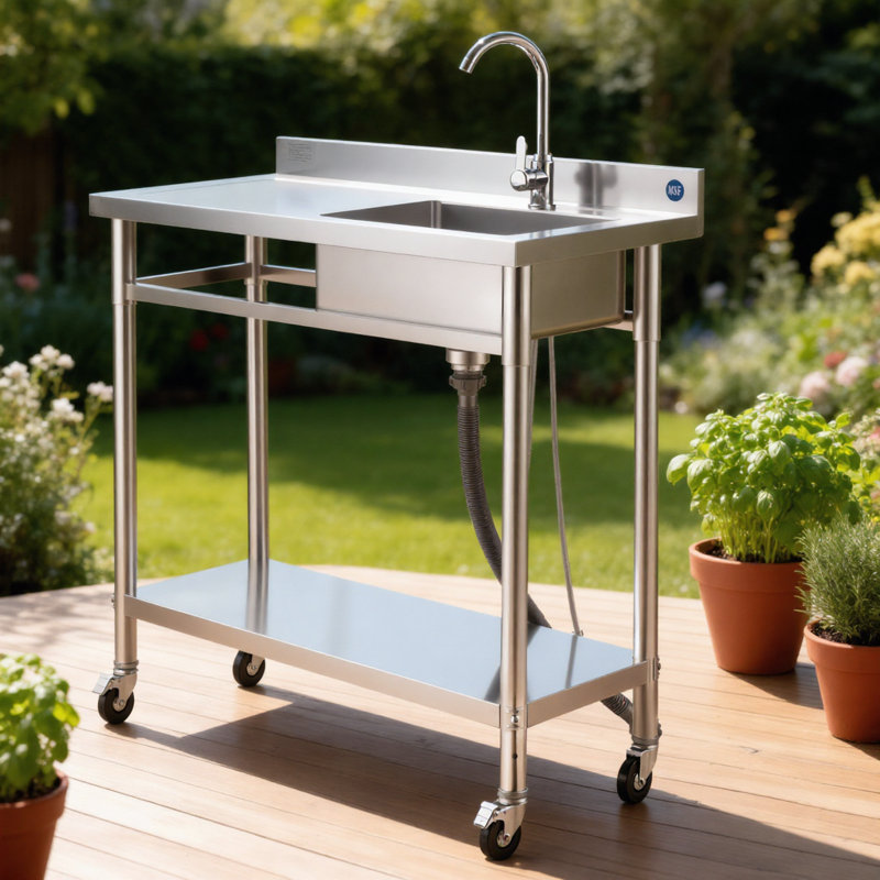 Kitchen Laundry Mobile Single Basin Workbench Stainless Steel With Complete Water Faucet Assembly