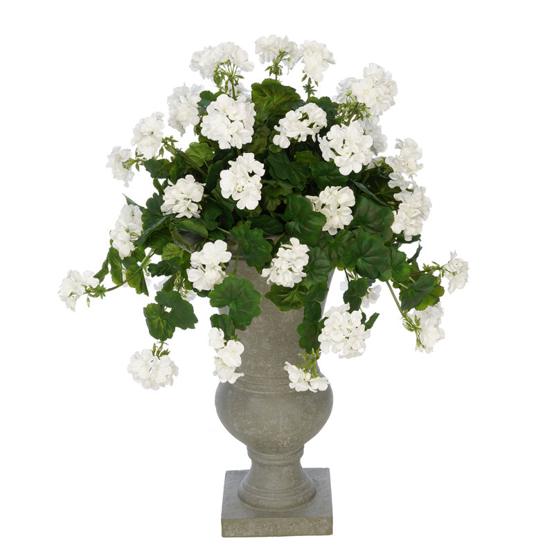 White Faux Geraniums in Gray Roman Urn Planter