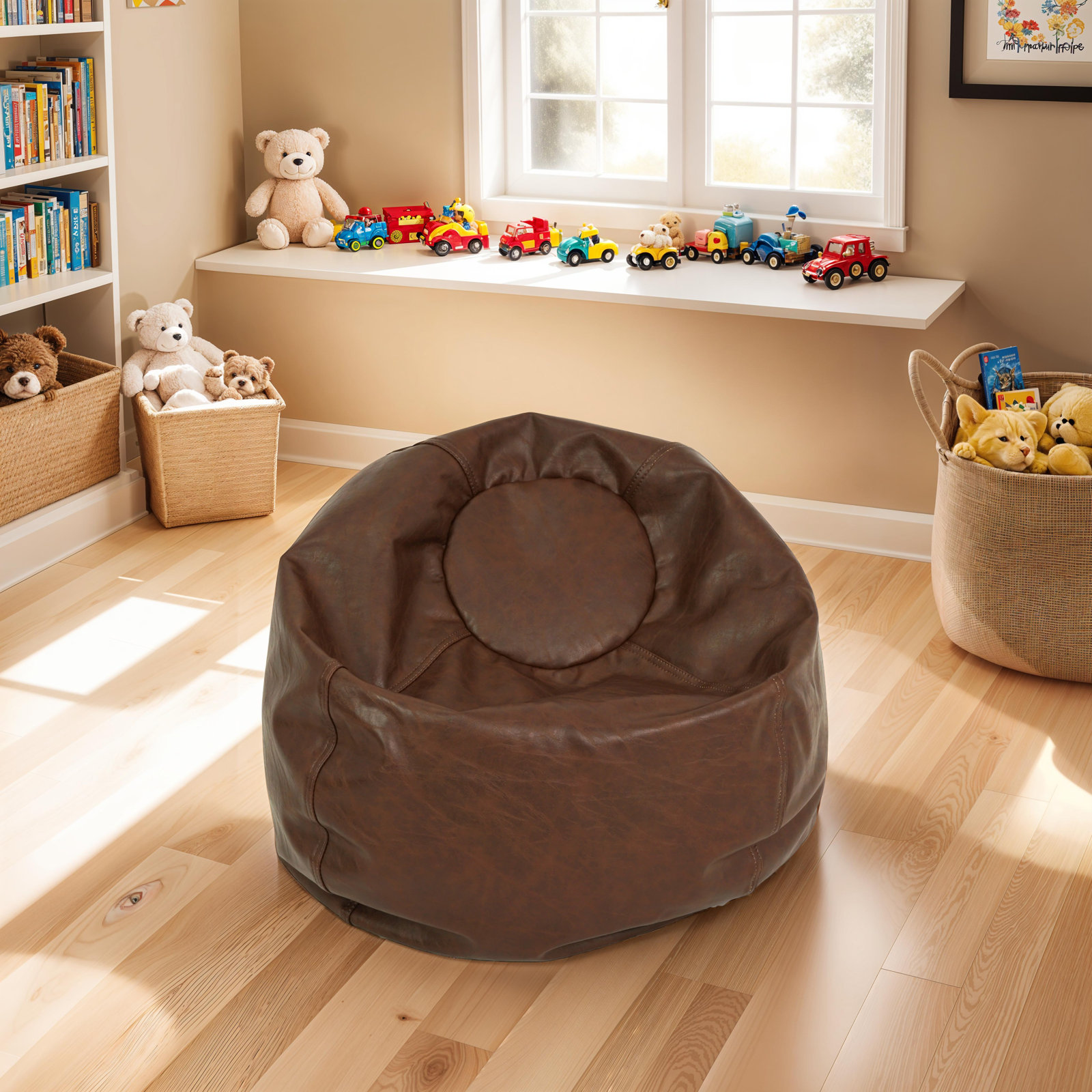 Standard Faux Leather Classic Bean Bag, Walnut Faux Leather, 19" H x 22" W x 22" D