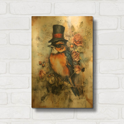 'Robin With The Cylinder' By Momart Gold Metal Wall Art, 12" x 16"