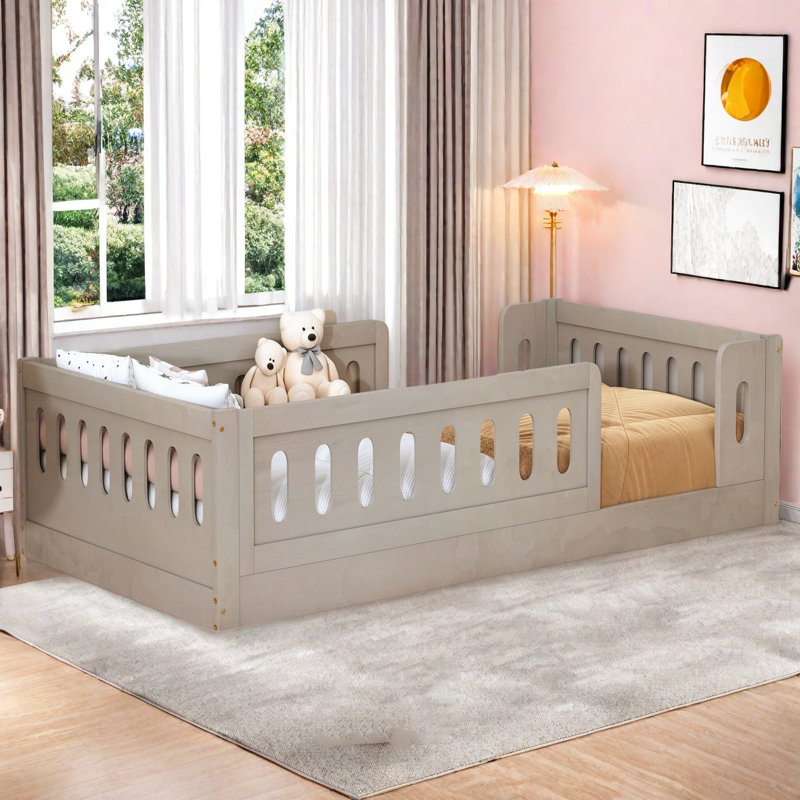 Wooden Platform Bed With Semi-enclosed Fence, Natural