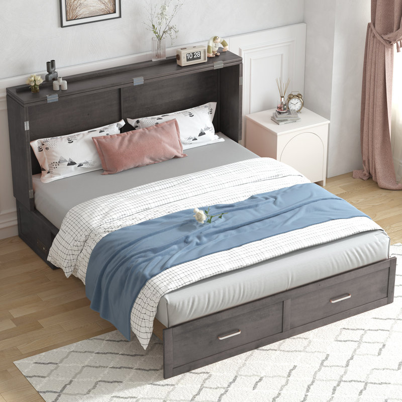 Balus Queen Murphy Bed，Modern Cabinet Bed With Storage Drawer & Usb Charging Station, Solid Wood Cube Cabinet Bed For Bedroom,Guest Room