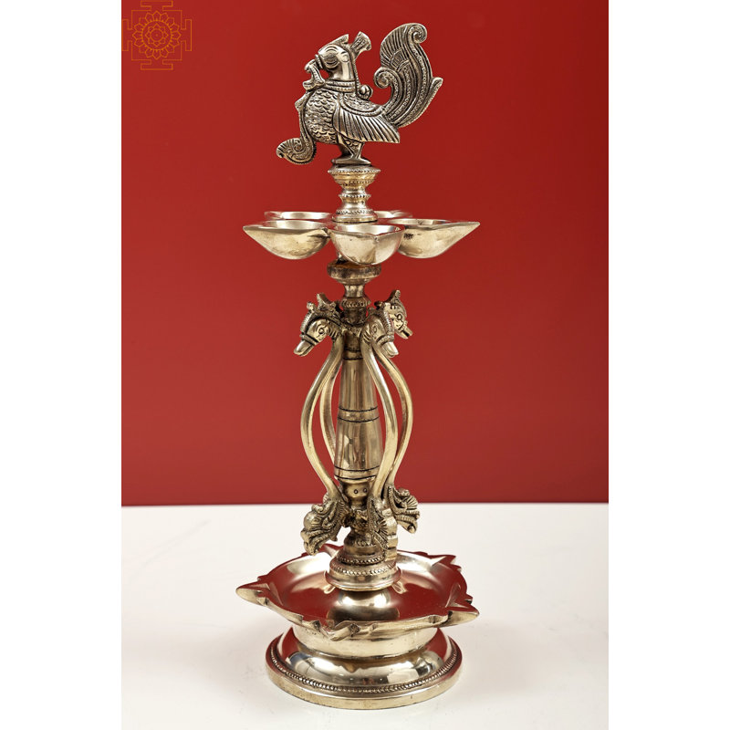 14" Handcrafted Brass Peacock Oil Lamp – Traditional Indian Samai Diya with 5 Wicks – Temple-Grade Gold Finish Home Décor