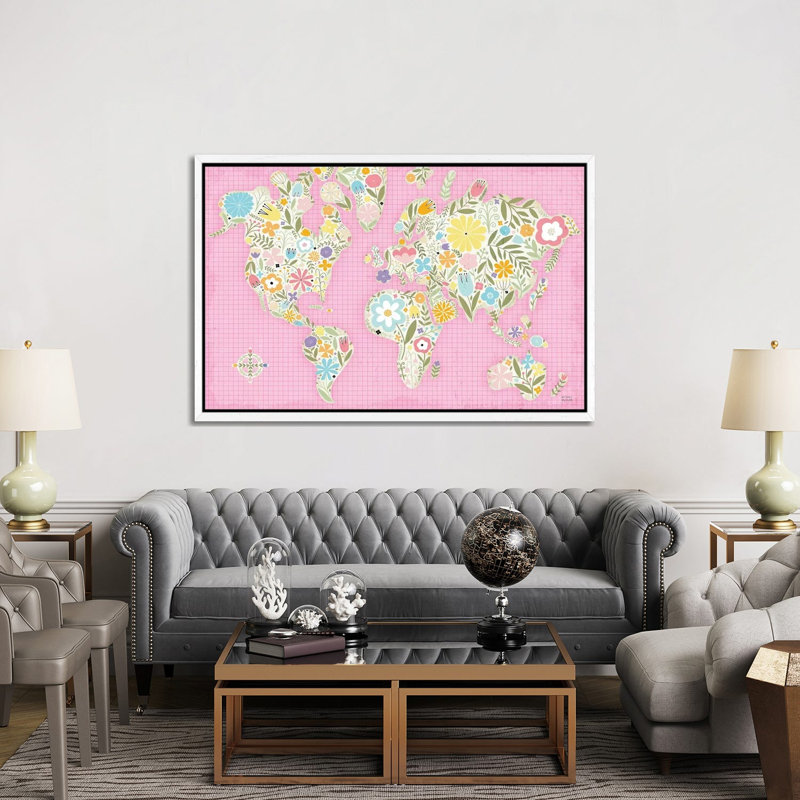 Floral World Pink 1 Piece Wall Art on Canvas, 101.6cm H x 152.4cm W x 3.81cm D, White Framed