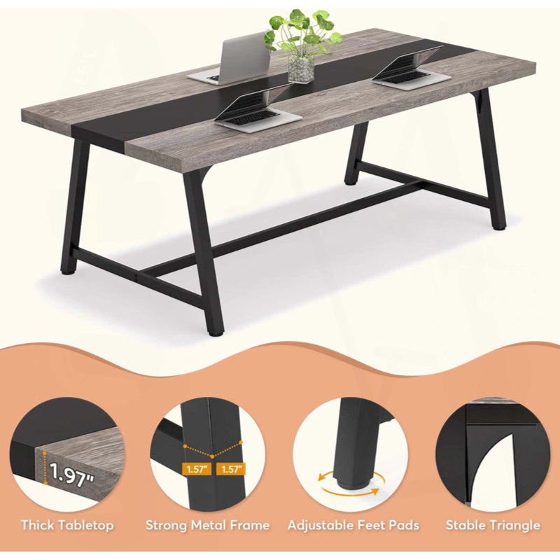  70.87" Rectangular Conference Table for 6-8 People, Industrial Modern Office Meeting Table with Heavy-Duty Steel Metal Frame, Large Work Surface for Boardroom Team Collaboration