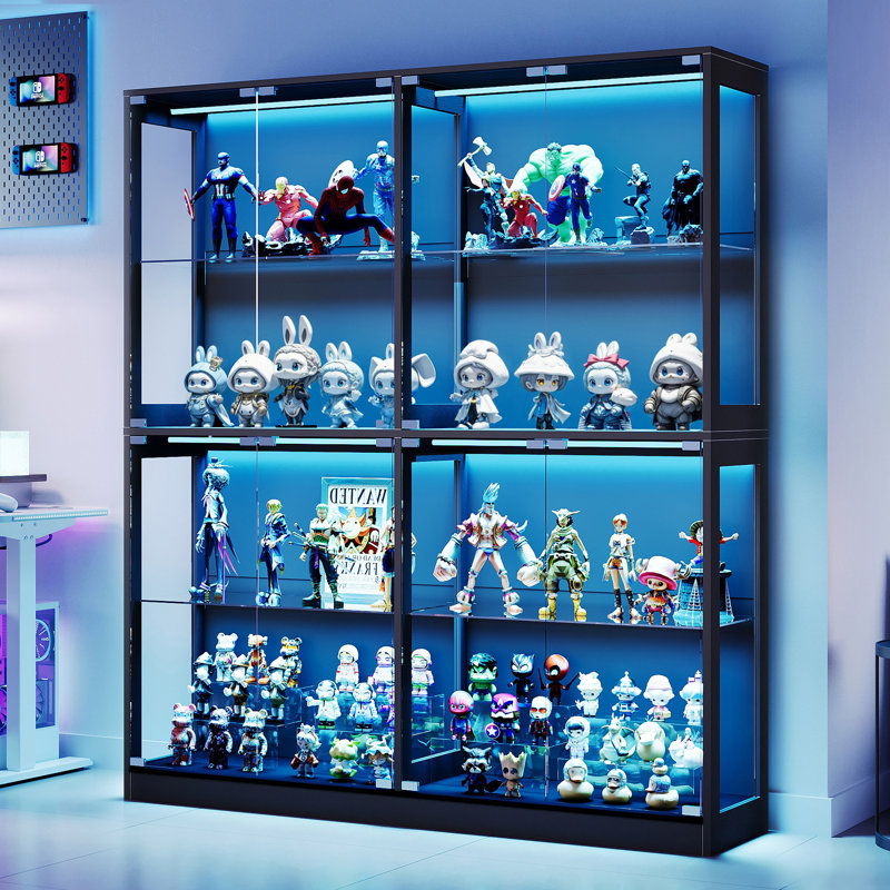 Vitrine RVB avec tablettes réglables en verre trempé, étui de rangement à 4 niveaux avec lumières DEL et portes à pression, tablette moderne pour objets de collection, noir 