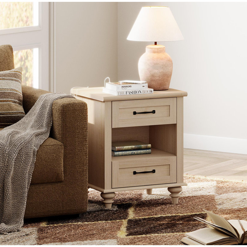 Endymion - Drawer End Table Set and Built-In Outlets, Beige Top/Beige Base