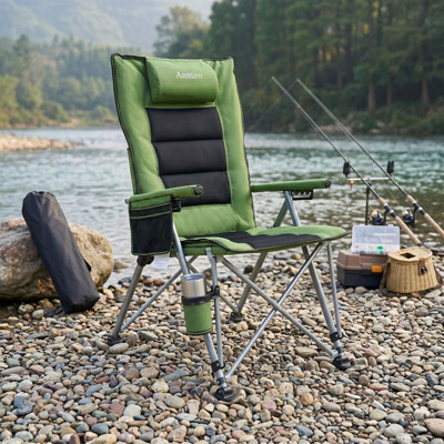 Adjustable Reclining Folding Camping Chair With Cup Holder & Side Pocket, High Back Outdoor Chair For Patio, Camping, Beach, Green