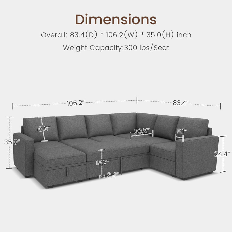 Canapé-lit modulaire en forme de U avec méridienne Niyona, Polyester gris