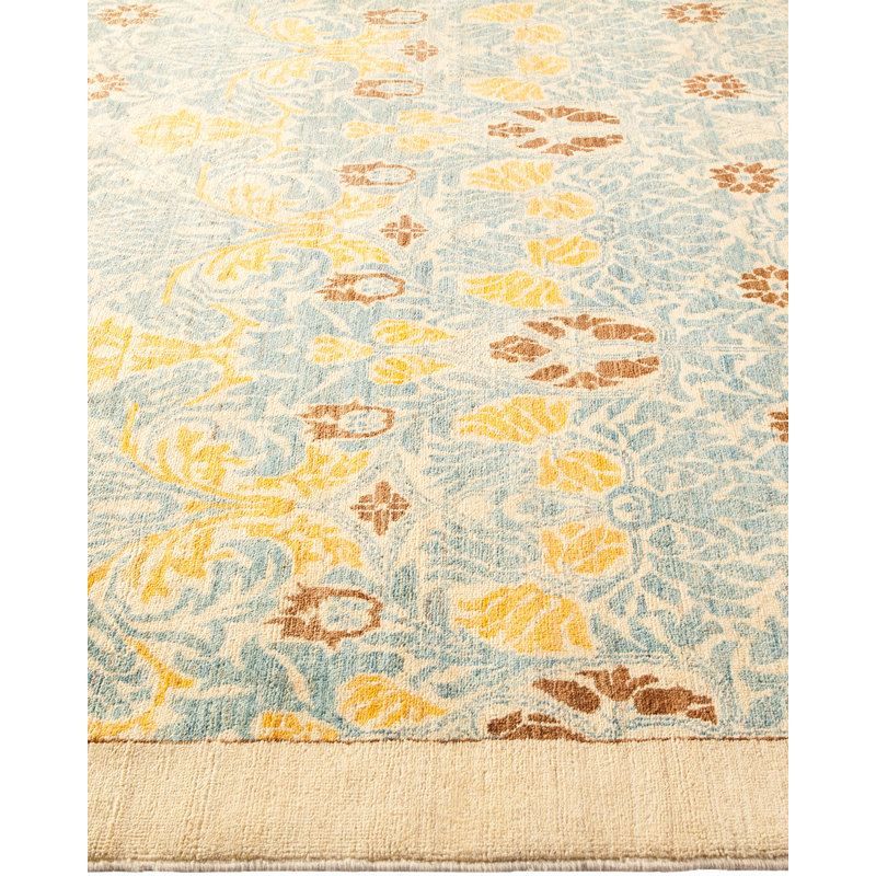 Ivory and Blue Hand-Knotted Wool Damask Area Rug