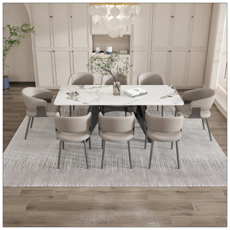 Ensemble de table de salle à manger 79 po en marbre doré de Carrare 79 po avec 8 chaises - Table de cuisine rectangulaire moderne, base de cheval en acier inoxydable, sièges 6-8