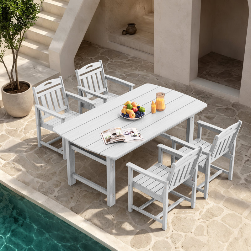 4-Person 5-Piece rectangular Patio Dining Set With Umbrella Hole, White