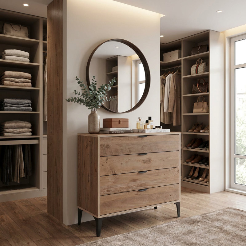 Commode de rangement à quatre tiroirs pour chambre à coucher avec poignées encastrées, Pin Atlas