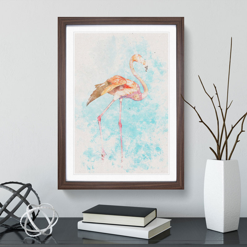 Flamingo Bird Watercolour - Framed Print, 33cm H x 24cm W x 2cm D, Walnut Framed
