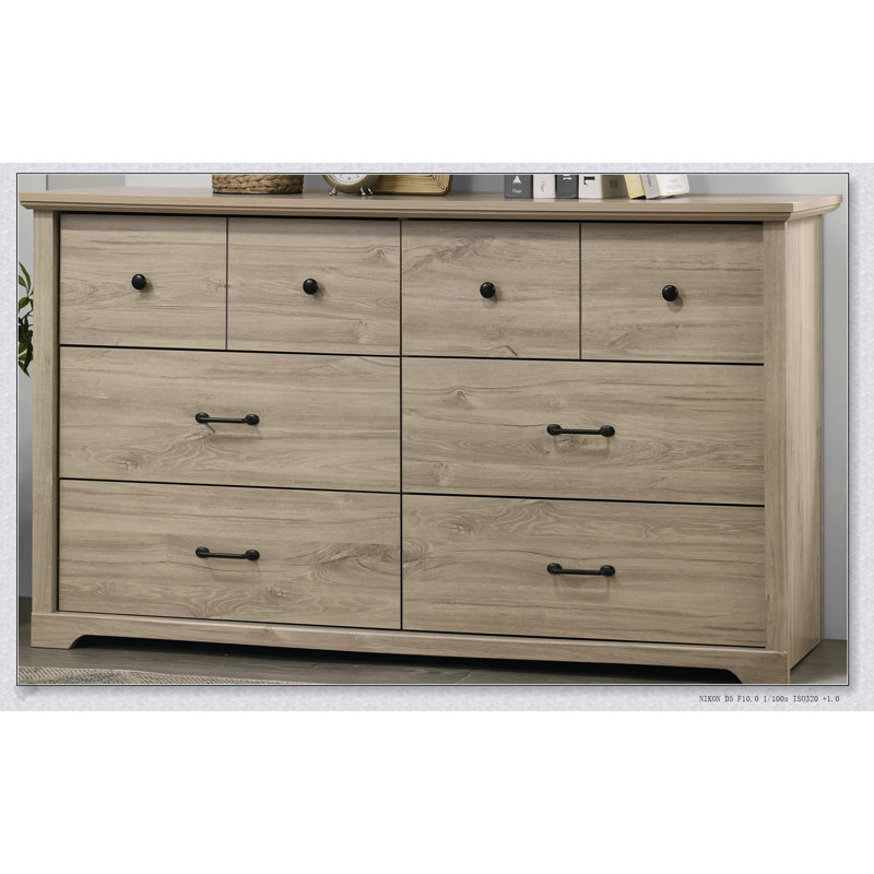Commode 6 tiroirs avec poignées noires Elara, Chêne clair
