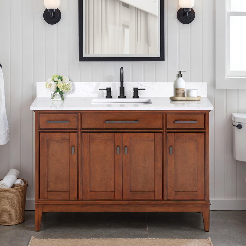 Meuble-lavabo simple 48 po avec plateau Anglet, Tabac, Blanc cala