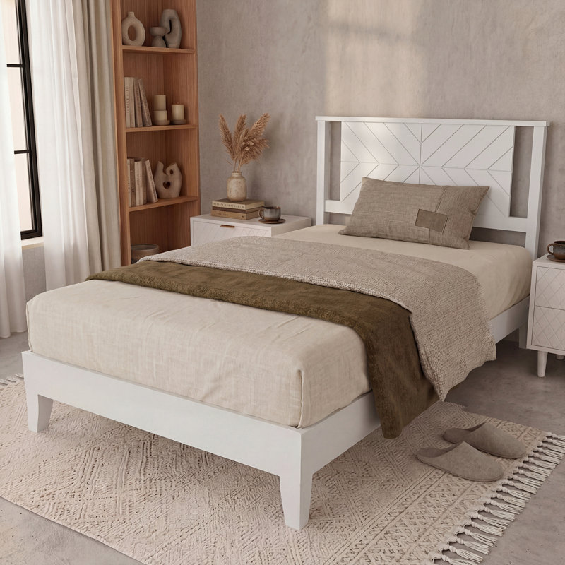 Twin Size Deluxe Bed Frame With Headboard With Solid Wood, No Box Spring Needed,  Easy Assembly, White, Twin, White