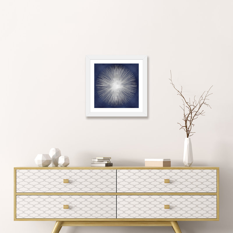 «Silver Sunburst On Blue I» par Abby Young - impression d'art graphique, H 16 po x l 16 po x p 1 po, Papier encadré blanc