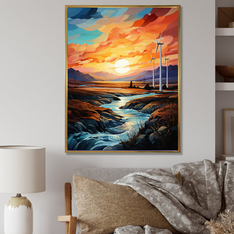 Wind Turbines Sunrise Valley I sur toile, Cadre flottant doré, H 20 po x l 12 po x P 1 po