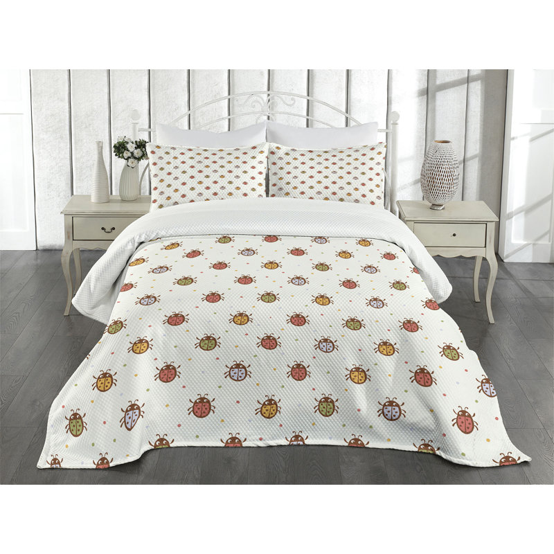 Ambesonne Cartoon Bedspread Set Pastel Colored Ladybugs Multicolor, King Coverlet / Bedspread + 2 Standard Shams
