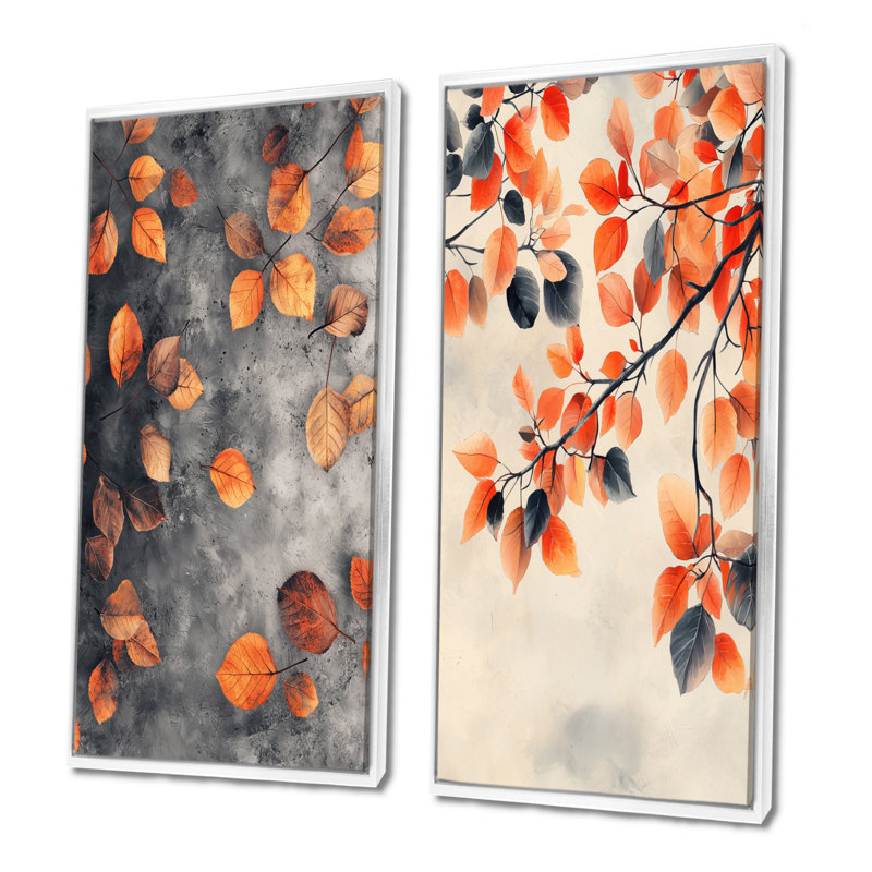 Feuilles d'automne orange I - art mural floral 2 panneaux, H 40 po x l 41 po, Cadre flottant blanc