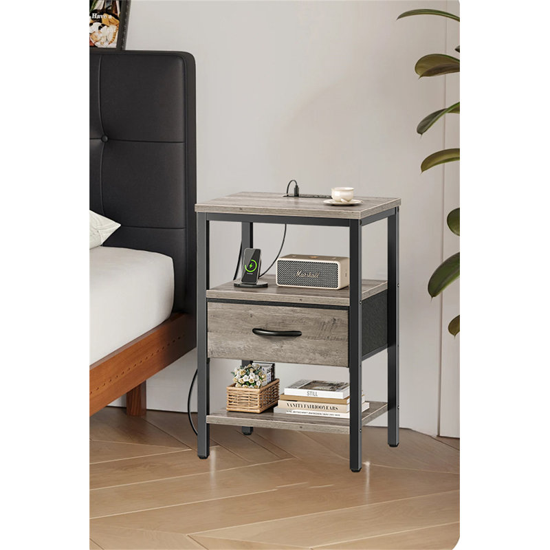 Multi-Functional Bedside Table With Charging Station & Adjustable Fabric Drawer, 0ak/Black