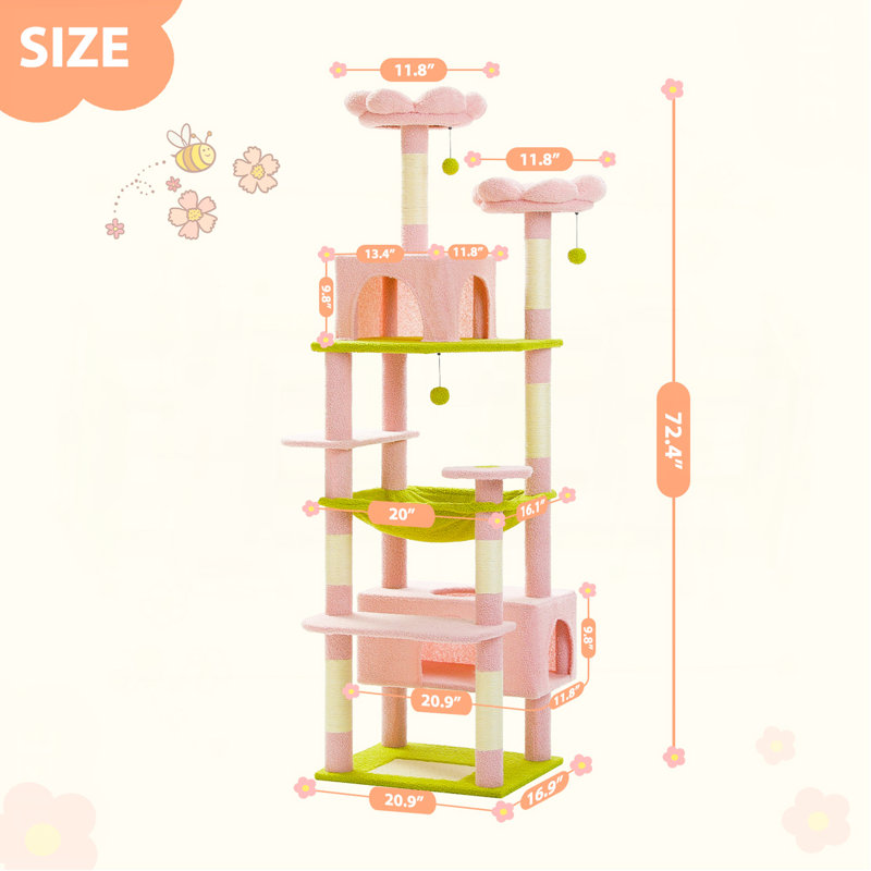 Arbre à chat en peluche 72 po, H 72 po x l 16,9 po x L 20,9 po, Rose