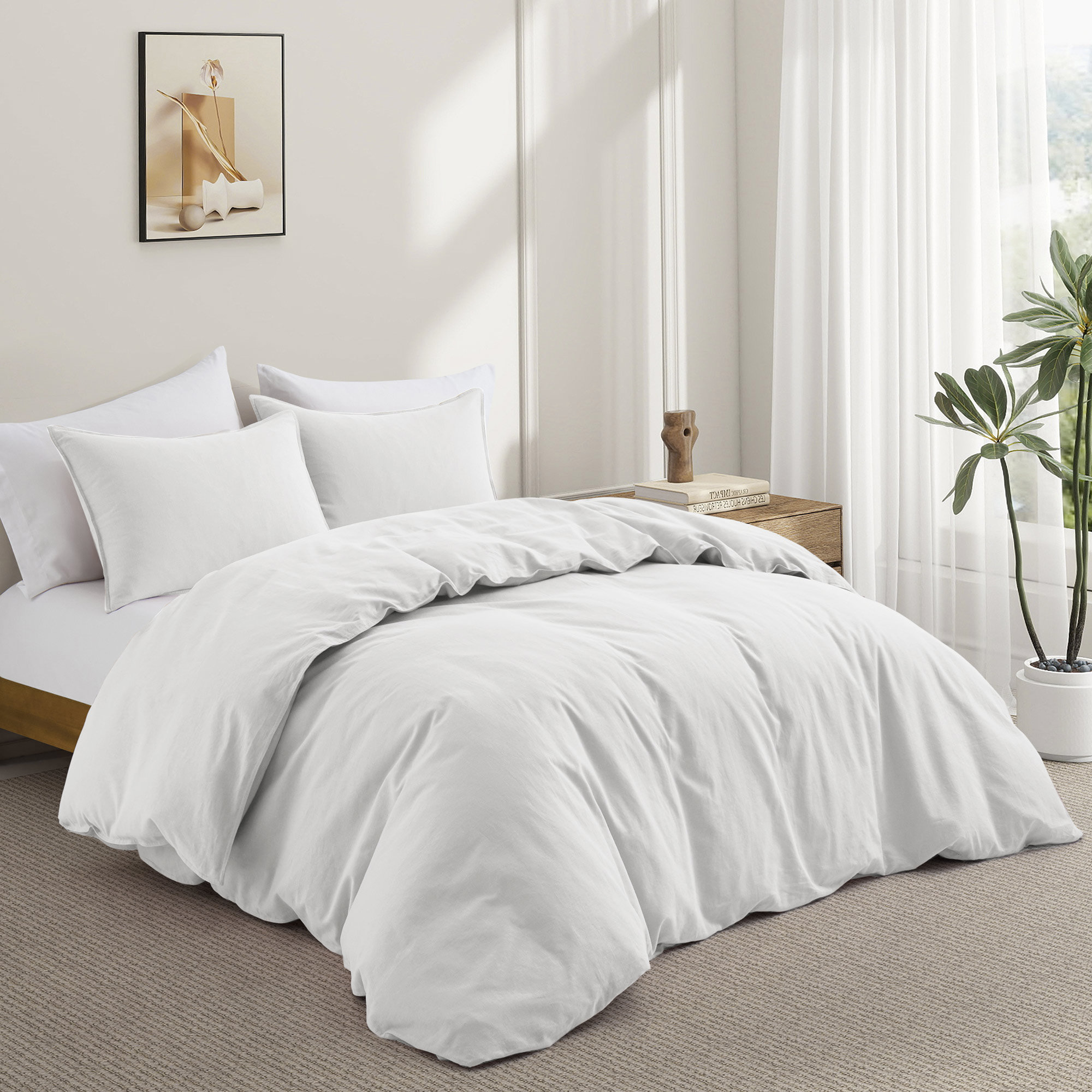 Boseman Linen Blend Duvet Cover Set, King Duvet Cover + 2 King Pillowcases, White