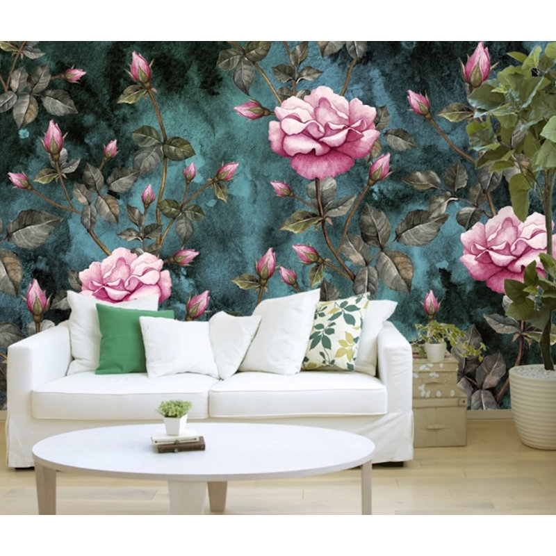 Papier peint amovible avec fond noir et fleurs roses, L 75 po x l 112 po