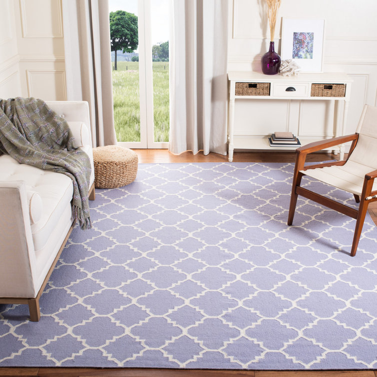 Milltown Hand Woven Flat Weave Wool/Cotton Geometric Rug in Ivory/Purple