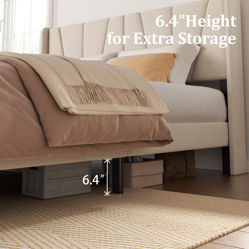 Tata Velvet Upholstery Platform Bed Frame with Wingback Headboard and Storage Drawers, King, Beige