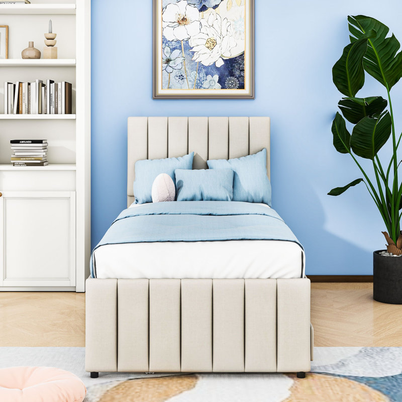 Upholstered Platform Bed with Twin Trundle and 3 Storage Drawers, Beige, Simple