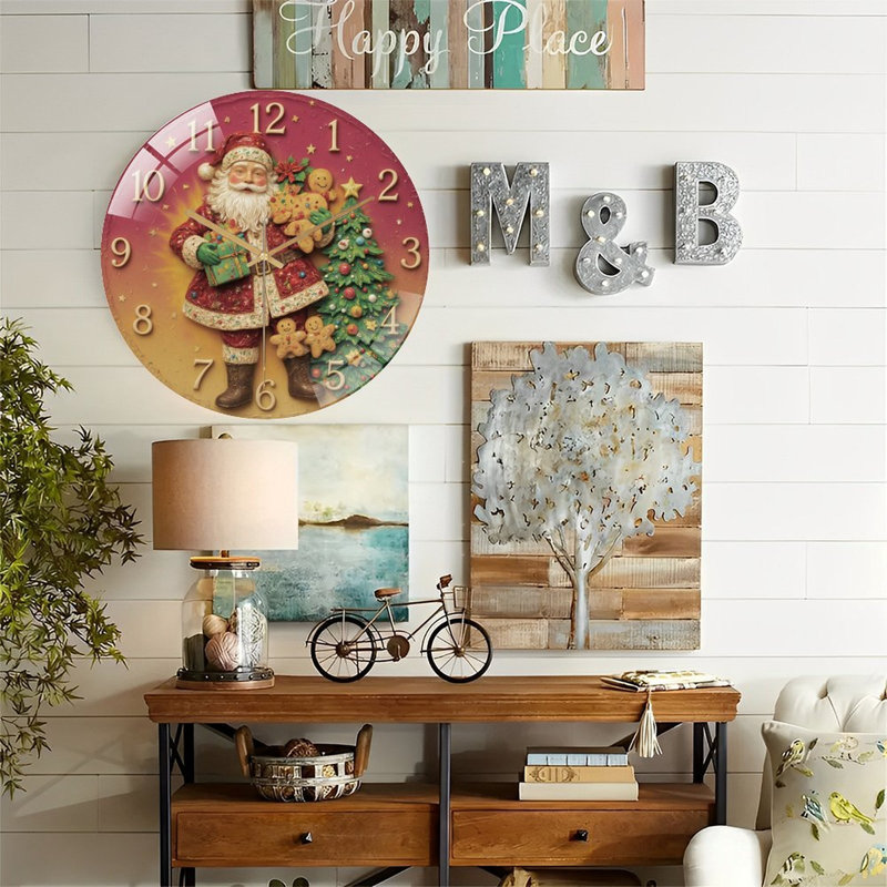 Horloge-Visage-Père Noël-Avec-Cadeaux-Arbre - Horloge murale moderne en verre 12 po