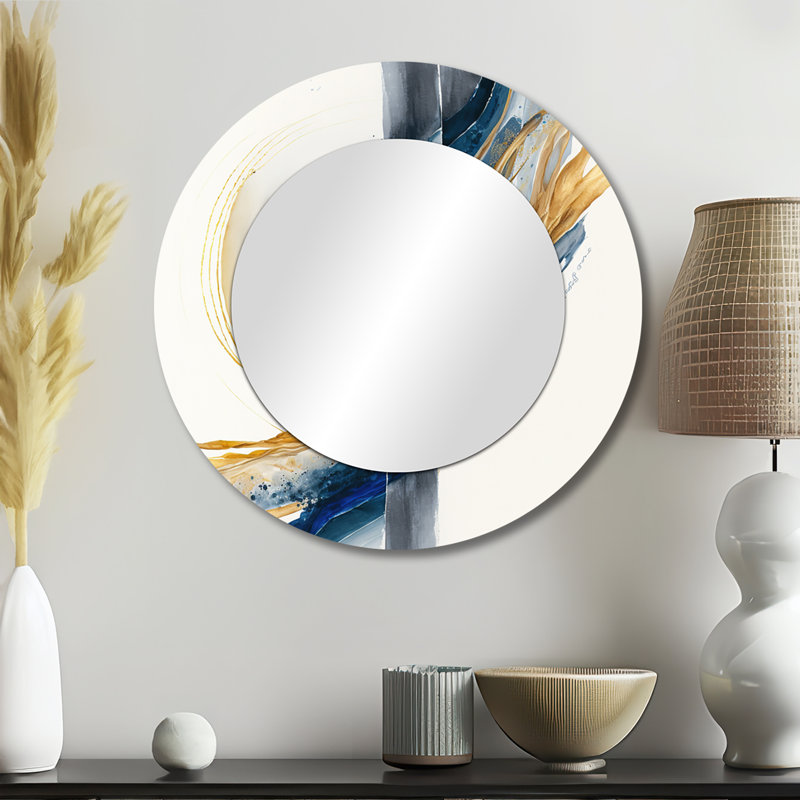 Peyo Blue And Gold Swirl Abstract V - Abstract Spirals Large Wall Mirror, Modern Round Decorative Mirror, Printed Metal Art