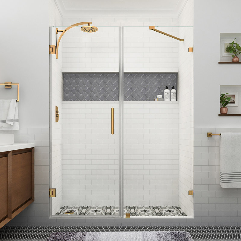 Nautis XL 60.25 in. to 61.25 in. W x 80 in. H Hinged Frameless Shower Door w/Clear StarCast Glass, Brushed Gold