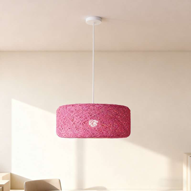 1-light Pink Rattan Drum Pendant Light Dimmable