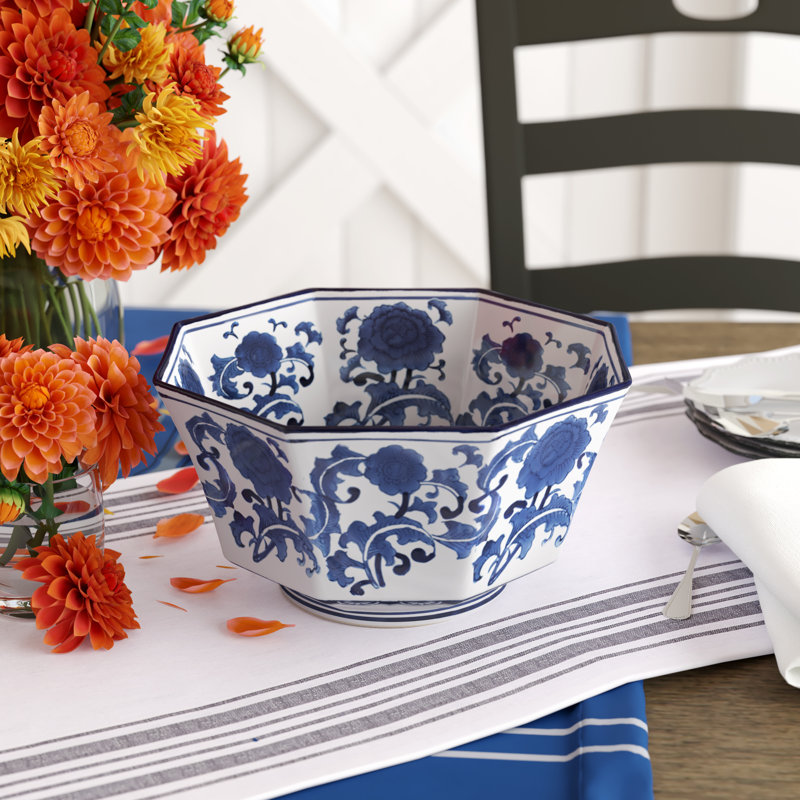 Bol décoratif en porcelaine 10 po x 6,5 po avec motifs floraux bleus et blancs, bol décoratif chinois plissé pour table, buffet, manteau de cheminée ou tablette 