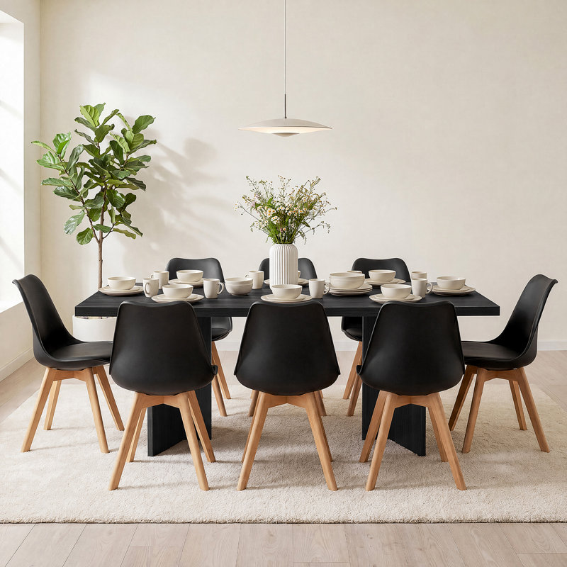 Ensemble de table de salle à manger fixe pour 4 personnes Ferrer, 9 pièces : table, 8 chaises, Black, Noir