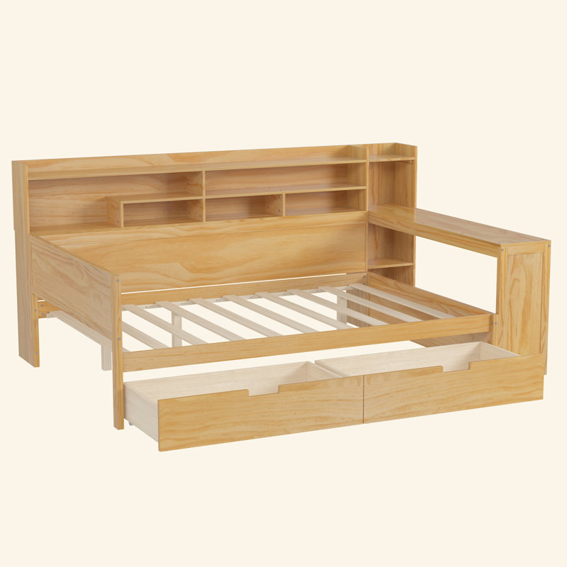 Lit de jour en bois avec tablettes de rangement, lit multifonctionnel avec deux tiroirs de rangement et bureau d'étude