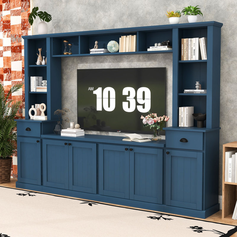 Meuble audio-vidéo avec pont supérieur réglable, piliers de rangement intégrés et console multimédia, Bleu