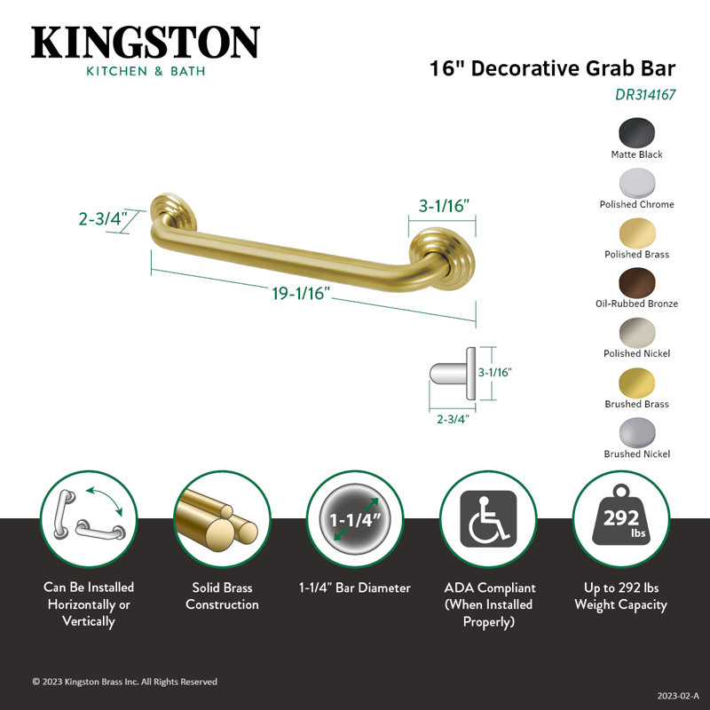 Kingston Brass Restoration 1-1/4 Inch O.D Grab Bar, 16" W, Brushed Nickel