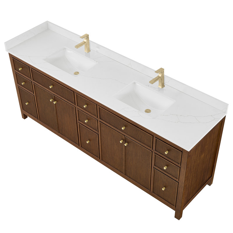 Pendry 84" Freestanding Double Bathroom Vanity with Top, Dark Walnut, Matte Black, Carrara Cultured Marble