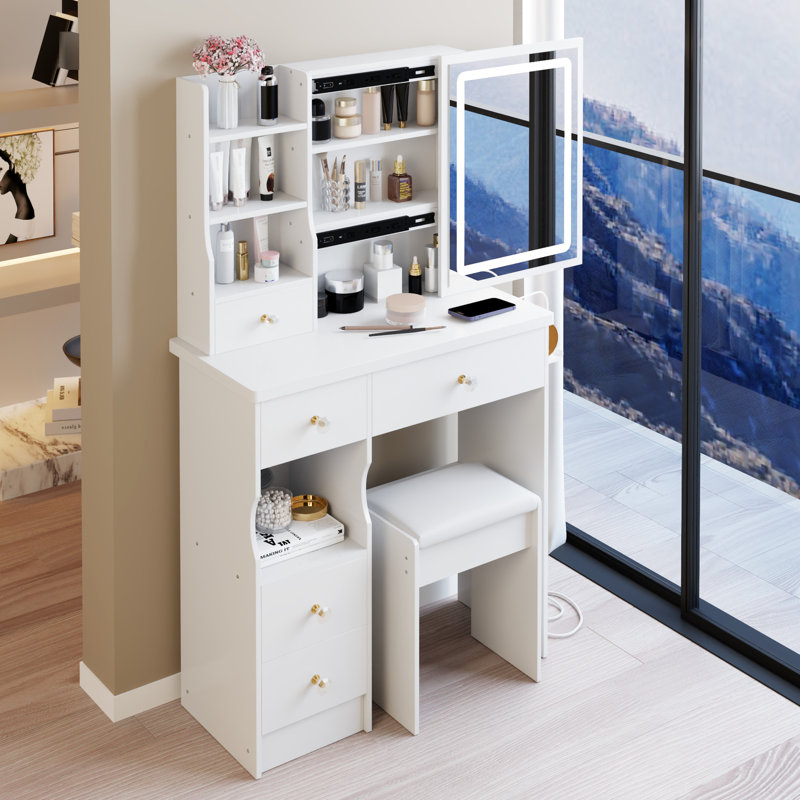 29.2" Left Drawer Vanity With Cushioned Stool, Built - In 2 Ac+2 Power Station, Hair Dryer Bracket, Extra Large Touch Switch Led Mirror Tri Color Lighting And Adjustable Brightness, For Small