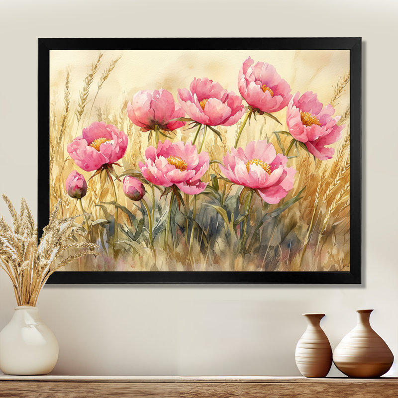 Donnah pivoines dans le champ d'herbe de blé I - pivoines, art mural, Reproduction encadrée d'une seule photo