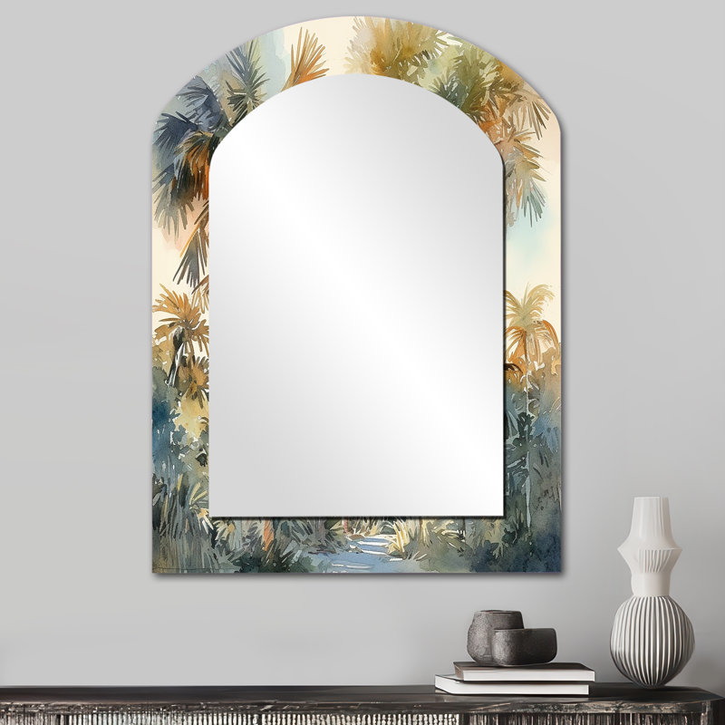 Green Palm Tree Paradise III - miroir asymétrique vert, miroir mural décoratif traditionnel, impression sur métal, 34" x 25"