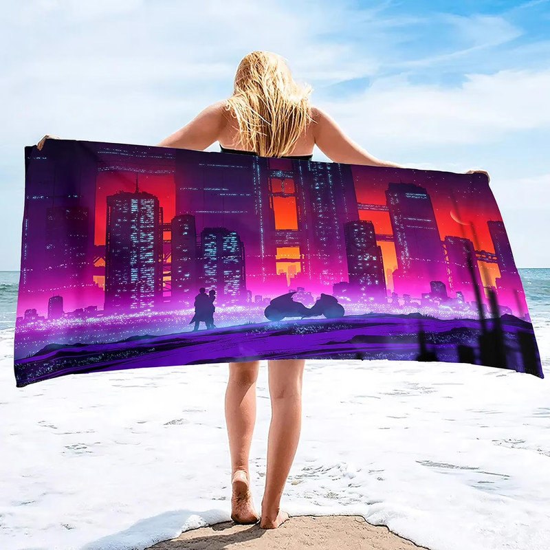 Cyber style city night scene Sand Towel Beach Blanket Sand Free Microfiber Quick Drying Swimming Pool Towels Camping Towels 35*70inch