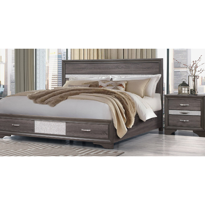 Lit double Sparkle Grey - deux tiroirs et tête de lit en bois massif + 76,4 po X P 55,7 P 50,47 H Par, et, caractéristiques décoratives en cristal