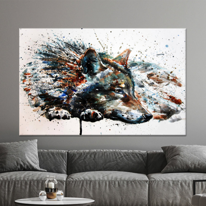 Abstrait loup, impression sur verre trempé moderne, 1P encadrée d'or, Hauteur : 11,9 pouces x Largeur : 15,8 pouces