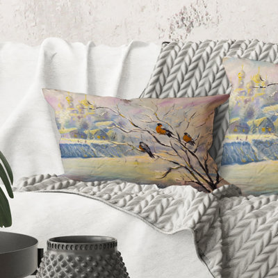 Rectangle, oiseaux rustiques sur un arbre dans un village d'hiver - Coussin Farmhouse